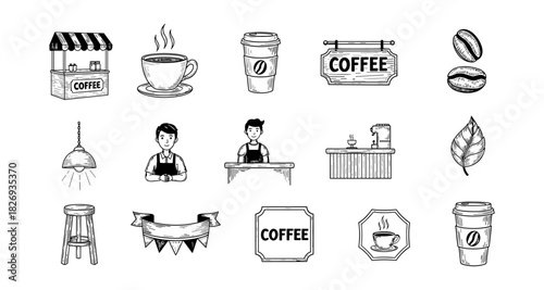 Coffee shop elements: hand-drawn icons of cups, beans, signs, and baristas