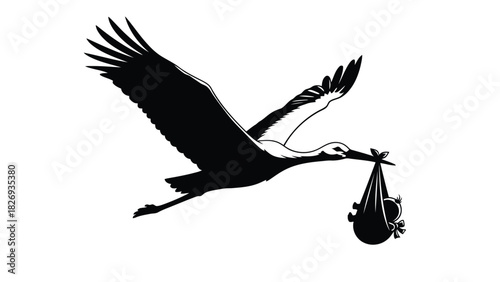 Flying stork carrying a baby in a sling with a bow, delivering a newborn, symbol of childbirth, black and white vector illustration, flat style, logo design, vector art, isolated on white background