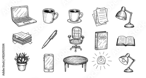 Hand drawn office essentials: detailed sketches of everyday workspace items