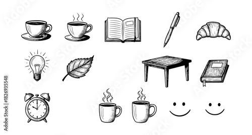 Hand-drawn coffee and work essentials with smiley faces on white background