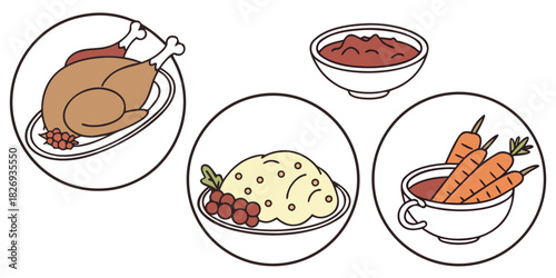 A collection of illustrations depicts a roasted turkey, mashed potatoes with cranberries, gravy, and boiled carrots, representing a traditional meal.