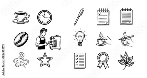Hand drawn coffee and office essentials with barista and creative icons