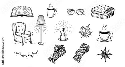 Cozy autumn vibes: hand-drawn home elements with warm drinks and seasonal decor