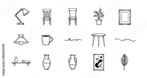 Hand drawn home decor collection featuring furniture and accessories in sketch style