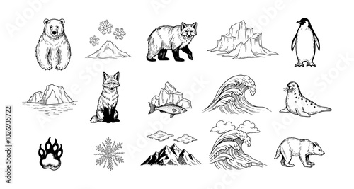 Hand-drawn arctic wildlife and nature elements in black and white