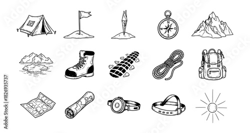 Hand drawn camping and hiking gear illustrations with adventure and exploration themes