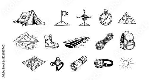 Outdoor exploration gear set: adventure icons including tent, compass, and backpack in detailed sketch style