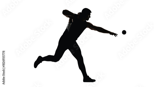 Silhouette of muscular athlete in black sportswear preparing to throw shot put with focused concentration, sports and fitness, flat vector illustration, sticker design, isolated on white background