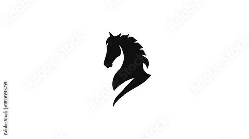Elegant black horse head silhouette, stylized and dynamic, isolated on a clean white background, representing power, speed, and grace