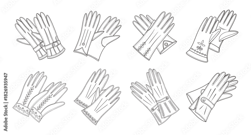 Fototapeta premium Collection of Elegant Vintage Women's Gloves Line Art