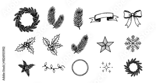 Vintage hand-drawn christmas elements: pine, holly, and festive decorations