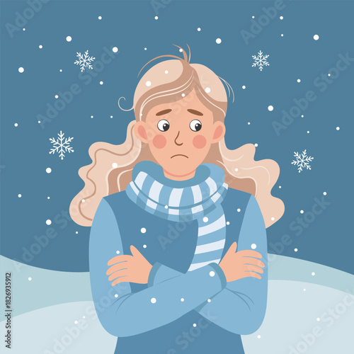 Young woman shivering in a cold winter snowy landscape. Woman is freezing from the cold. Illustration.