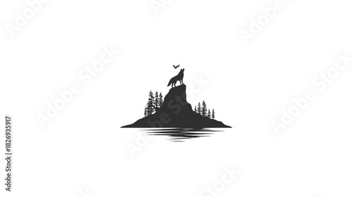 Minimalist black silhouette of a howling wolf atop a mountain with trees and a bird, reflected in water, wild nature vector art