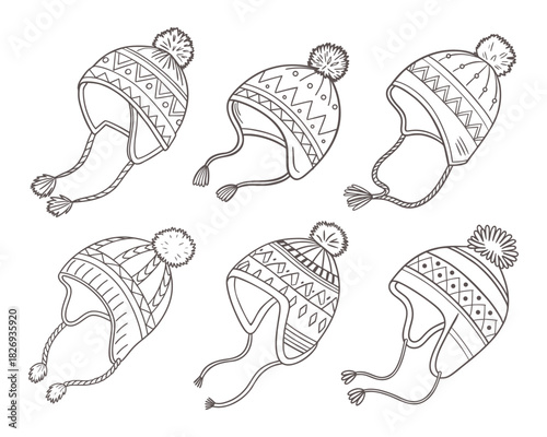 Collection of winter hats with pom poms and earflaps. Line art illustration.