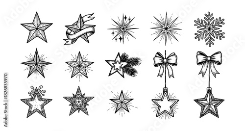 Vintage christmas stars and ribbons collection in hand drawn style