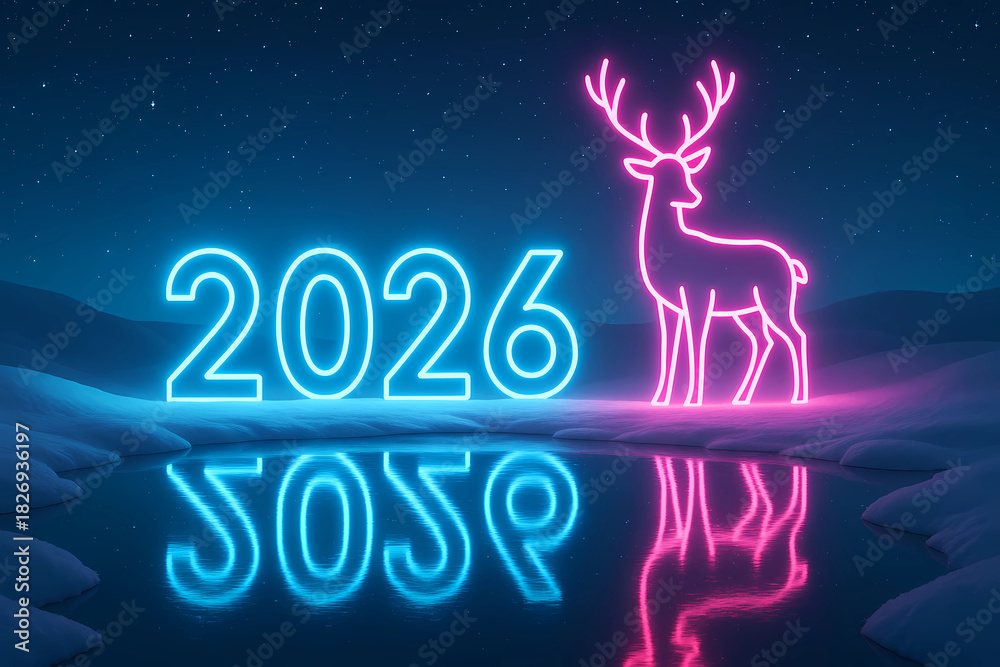 Fototapeta premium New Year's card 2026. Neon numbers 2026 and a neon image of a deer against the background of a snowy forest.
