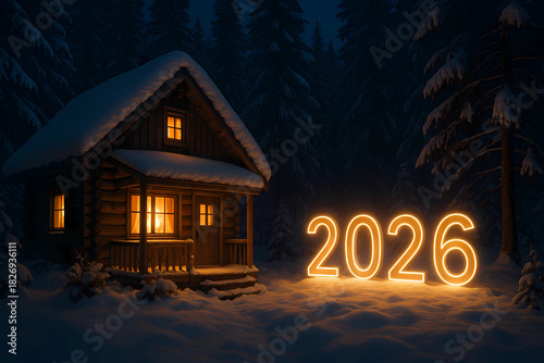 The numbers 2026 against the background of a rustic cottage in a twilight landscape.