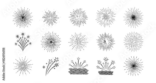 Black and white firework bursts and patterns for celebrations and events