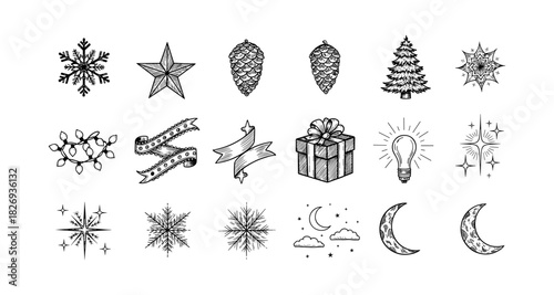 Hand drawn holiday icons set with christmas and winter elements