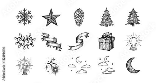 Hand-drawn christmas elements for festive designs in classic black and white style