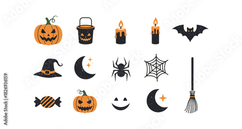 Halloween symbols collection: pumpkin, bat, spider, witch hat, and more in flat style