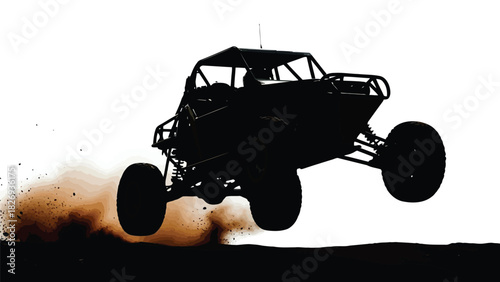 Silhouette of off road buggy jumping mid air with dust cloud isolated on white background