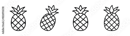 Four pineapple fruit vector illustration tropical summer design food drawing outline art graphic 90s