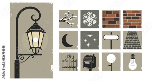Vintage design elements: lantern, sign, and seasonal icons collection