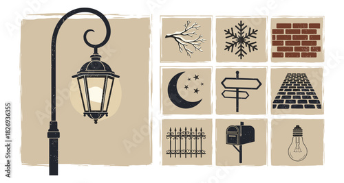Vintage urban elements collection featuring lantern, moon, and more