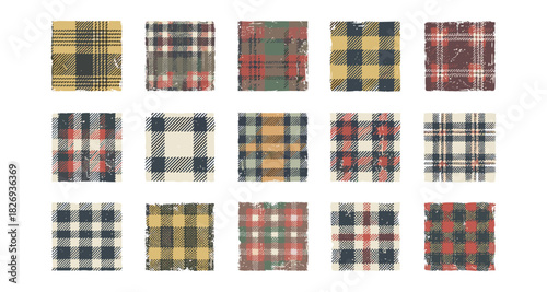 Rustic grunge plaid patterns collection in various colors on white background