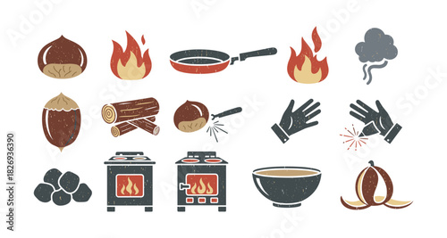 Rustic cooking elements with fire, kitchen tools, and ingredients in vintage style