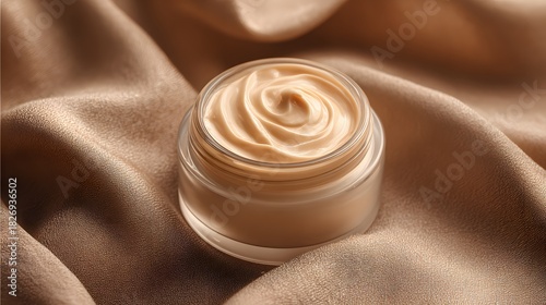Rich cosmetic cream with a swirl texture rests upon luxurious draped fabric