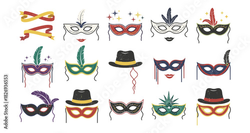 Colorful carnival masks and accessories with feathers and hats