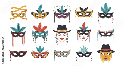 Carnival and masquerade party mask collection with feathers and hats