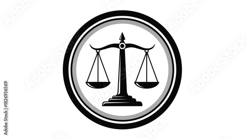 Symmetrical scales of justice in black and white, symbolizing law and balance, set within a circular emblem with concentric rings, flat vector, logo design, icon design, isolated on white background