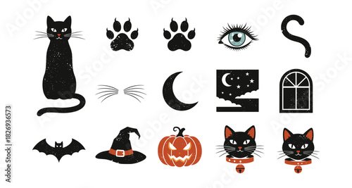 Halloween cat elements set: spooky icons and silhouettes for seasonal design