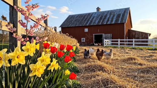 Charming Farm Scene with Colorful Flowers and Rustic Barn
