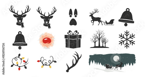 Festive christmas icons: reindeer, sleigh, bells, trees, and snowflakes in a winter scene