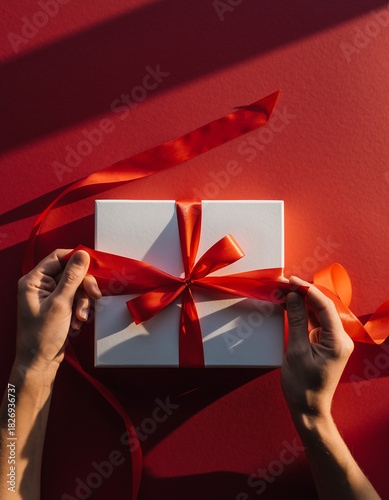 Fotografía en primera persona en vista superior, de unas manos atando un lazo de cinta roja en una caja de regalo blanca, sobre un fondo rojo.