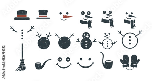 Winter snowman elements collection: accessories and faces for creative holiday designs