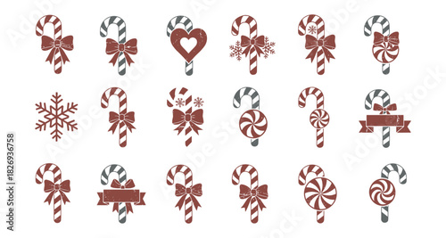 Festive candy cane collection with bows and snowflakes in red and white