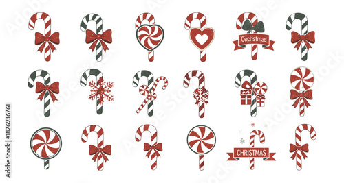 Festive candy cane collection with bows and holiday decorations