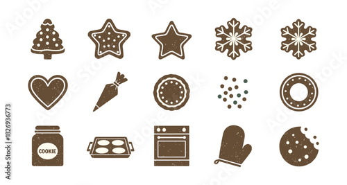 Rustic christmas cookie icons featuring festive shapes and holiday baking essentials