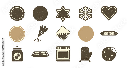 Rustic cookie baking icons set featuring baking tools and cookie shapes