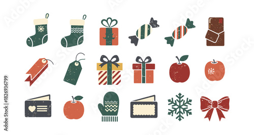 Rustic christmas icons set with festive decor elements and gift tags