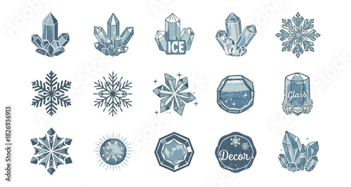 Set of crystal and snowflake designs with ice and glass text elements
