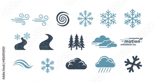 Winter weather icons set with snowflakes, clouds, and wind elements