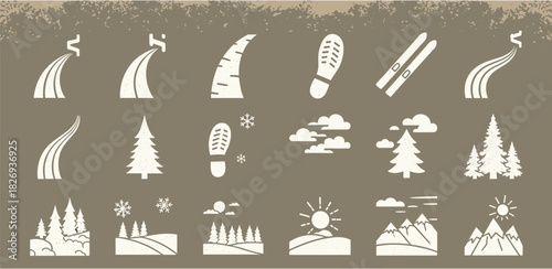 Winter sports and nature icons collection featuring ski tracks, footprints, and snowy landscapes