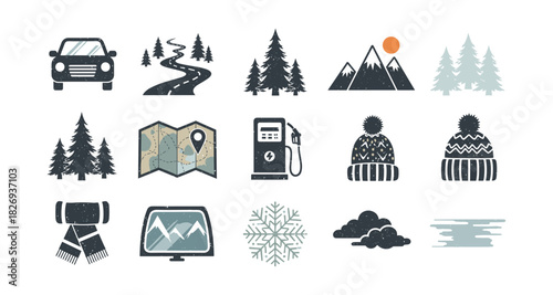 Rustic winter adventure icons: travel, nature, and cozy essentials