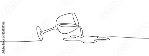 Continuous one line art drawing of a tipped wine glass spilling liquid, symbolizing an accident, mess, or an unfortunate event in minimalist style.